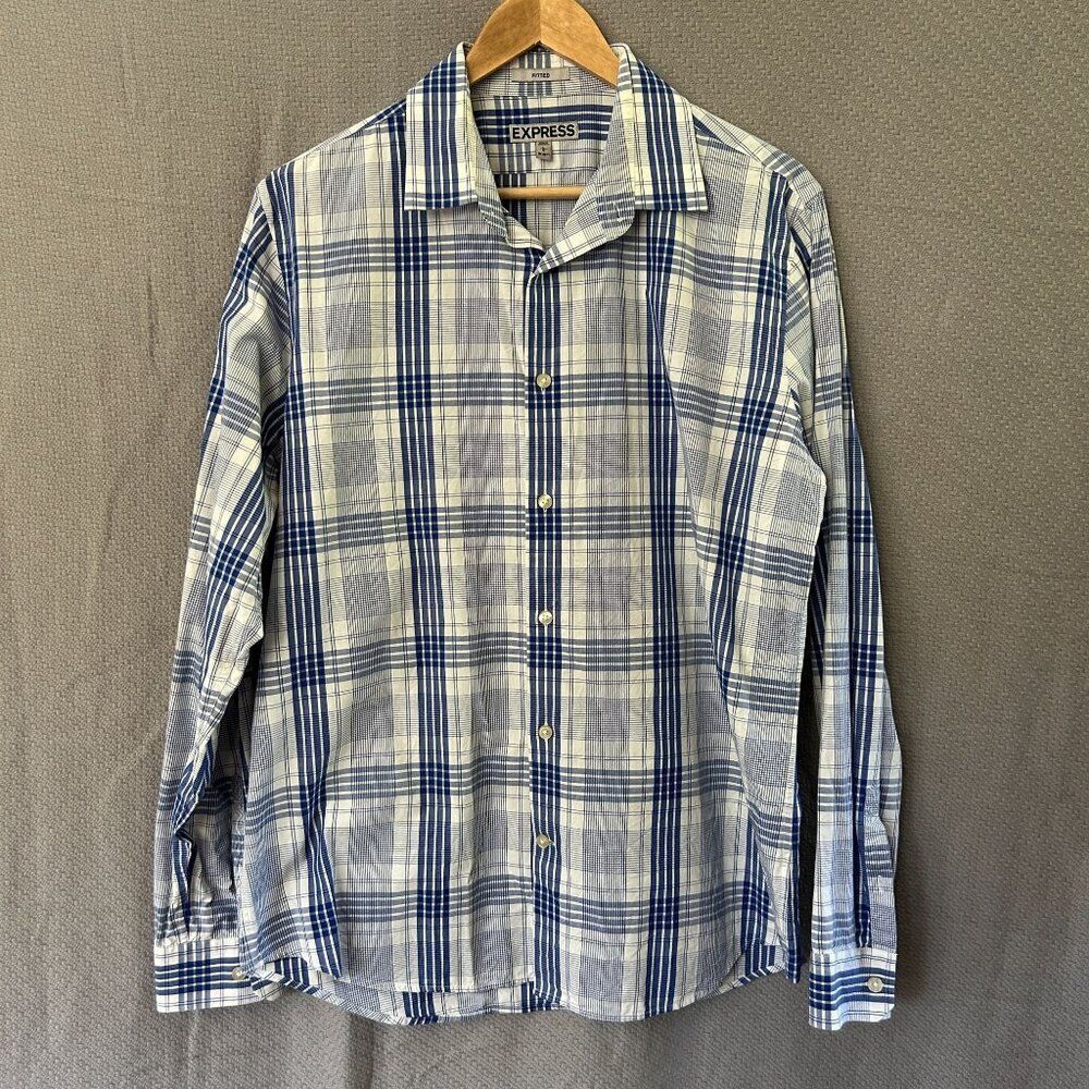 Express Long Sleeve Button-Front Shirt Blue White Plaid Large Fitted 16 - 16 1/2
